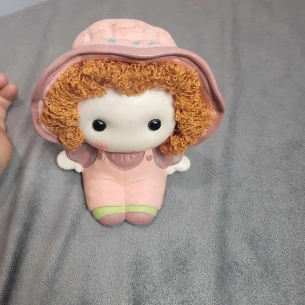 Vintage Ceramic Rag Doll Coin Bank Pink Green Brown Curly Haired Girl Collection